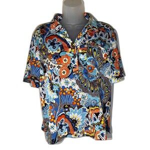 Vintage Madam Polla Women’s Multicolor Floral Blouse M 3-Button Y-Neck